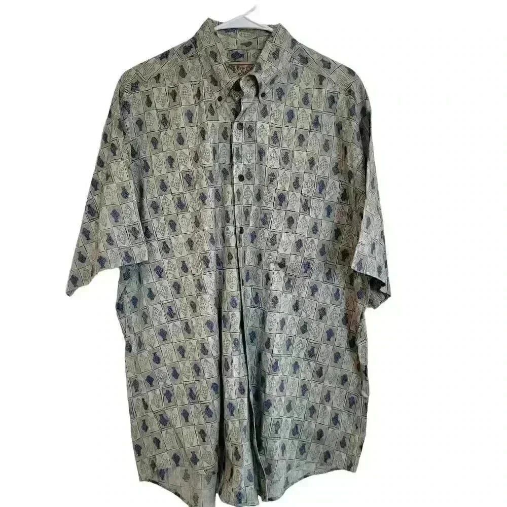 Woolrich Men's Gray/Blue Cotton Fish Print Button Down Short Sleeve Shirt